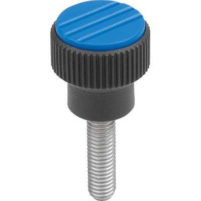 KIPP - RÄNDELKNOPF GR.1 D=M05X15, D1=21, H=22, THERMOPLAST SCHWARZGRAU RAL7021, KOMP:EDELSTAHL, DECKEL:BLAU RAL5017