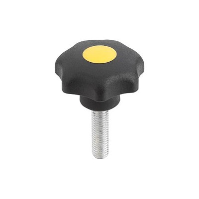 KIPP - STERNGRIFF ÄHNLICH DIN6336 D=M12X15, D1=50, FORM:L, THERMOPLAST SCHWARZ, KOMP:STAHL BLAU-PASSIVIERT, DECKEL:GELB