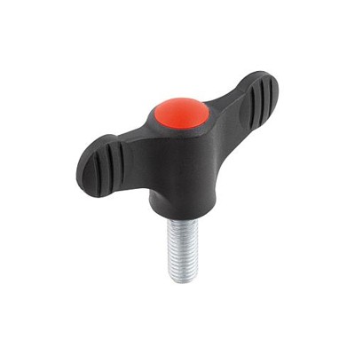 KIPP - FLÜGELGRIFF D=M06X20 A=50, H=24, FORM:L MIT AUßENGEWINDE, THERMOPLAST SCHWARZGRAU RAL7021, KOMP:STAHL BLAU